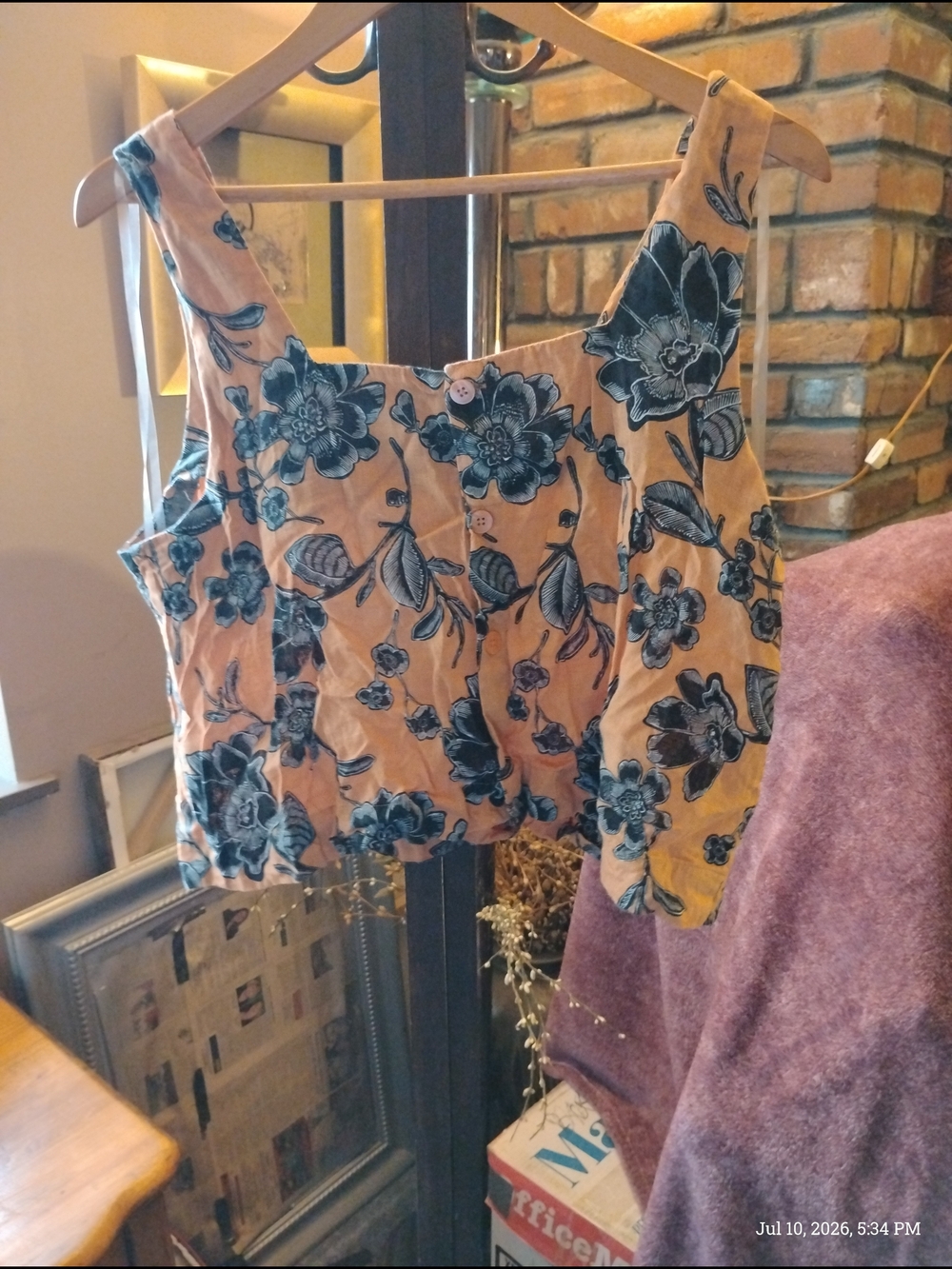 A.N.A Woman's Size XL Peach Button Down Tank Top with Blue/Black Floral Print